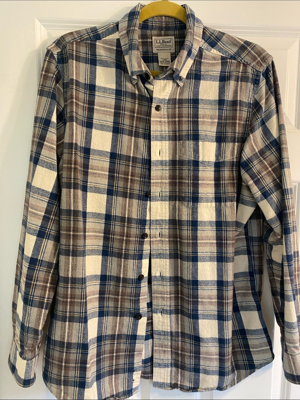 L.L. Bean Button-Down Plaid Shirt in Blue, Brown & Cream